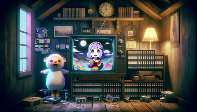 Loteng gelap dengan TV tua menampilkan gadis host dan domba kartun yang tampak gelisah, suasana horor psikologis.