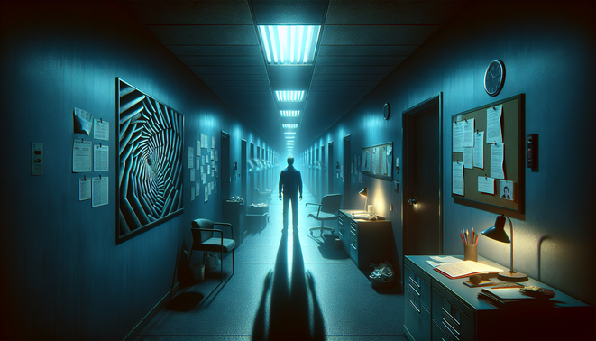 Ilustrasi karakter terjebak di lorong penuh jejak langkah spiral, simbol obsesi dan banyak ending bercabang.