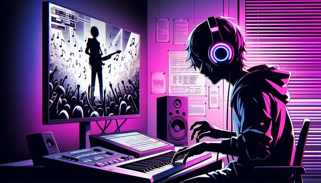 Ilustrasi pemain game rhythm di kamar bercahaya neon pink ungu, fokus bermain dengan nuansa konser anime energik.