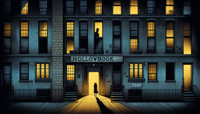 Gedung apartemen tua remang dengan koridor gelap dan siluet penghuni yang diawasi bayangan misterius.