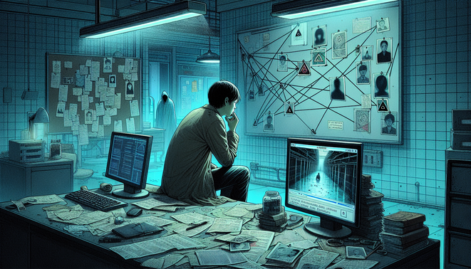 Penyelidik muda meneliti dokumen dan rekaman CCTV di ruangan gelap bernuansa horor psikologis.